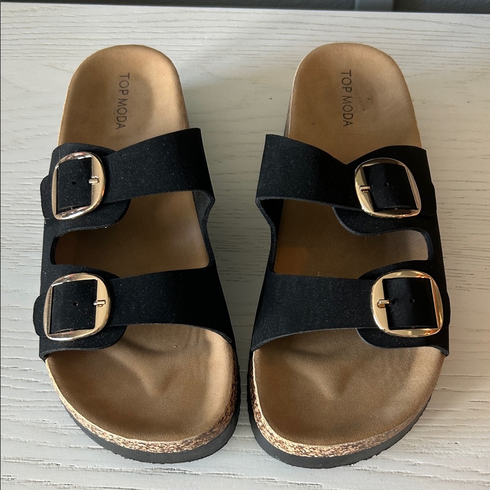 TOP Moda Black Sandals with Gold Buckles size 10